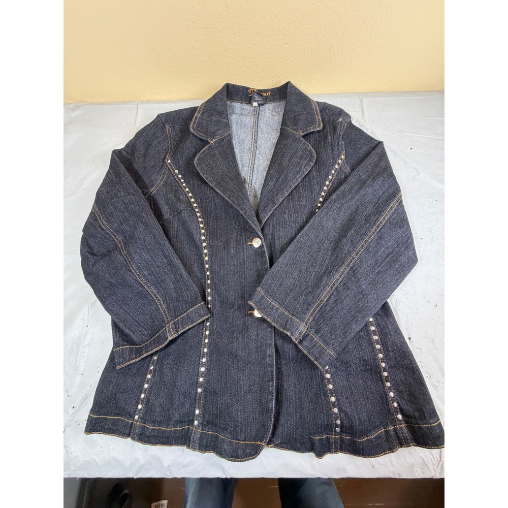 Drama Denim Blazer Jacket Dark Wash Rhinestone Studded Womens 1X G3429X Stretch
